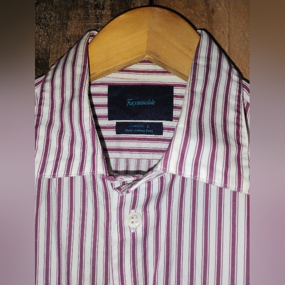 Faconnable Men's Burgundy and White Striped Button Down Dress Shirt Large - Picture 3 of 6